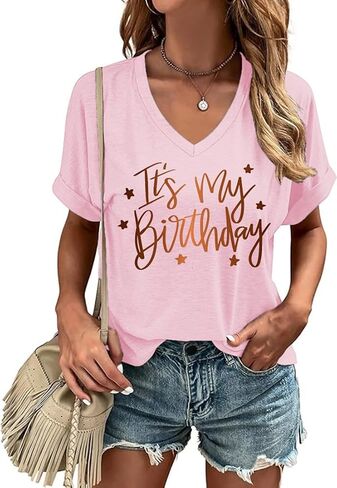 Happy Birthday V Neck Shirt for Women Funny Birthday Girl Graphic Tee Birthday Party Gift Causal Letter Printed Tops in Saudi Arabia