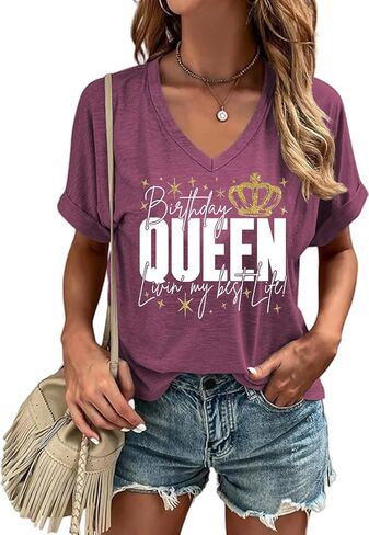 Happy Birthday V Neck Shirt for Women Funny Birthday Girl Graphic Tee Birthday Party Gift Causal Letter Printed Tops in Saudi Arabia