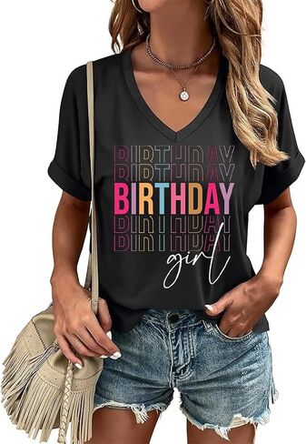 Happy Birthday V Neck Shirt for Women Funny Birthday Girl Graphic Tee Birthday Party Gift Causal Letter Printed Tops in Saudi Arabia