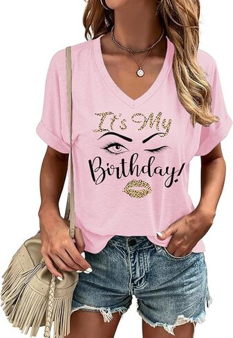 Happy Birthday V Neck Shirt for Women Funny Birthday Girl Graphic Tee Birthday Party Gift Causal Letter Printed Tops in Saudi Arabia