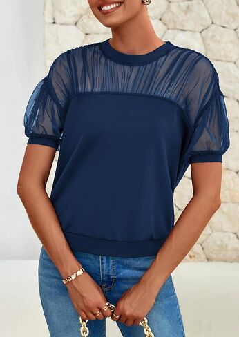 Prettygarden للسيدات 2025 طاقم الصيف رقبة القمصان قصيرة الأكمام الدانتيل الخروج الشبكة الشبكية قمم المحاصيل الأذنب بلوزات عارضة غير رسمية in Kuwait