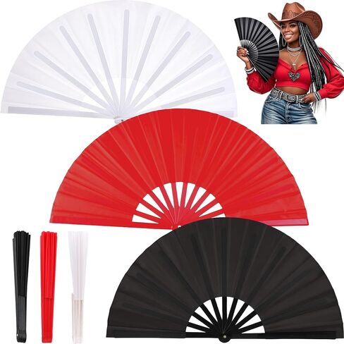 Fans for Line Dancing 3Pack Boots on The Ground Hand Fan Clack Clacking Large Folding Fans Big Handheld Clapping Snapping Cowboy Clacker Line Dance Popping Fan That Make Sounds pop(Black+White+Red) in Saudi Arabia