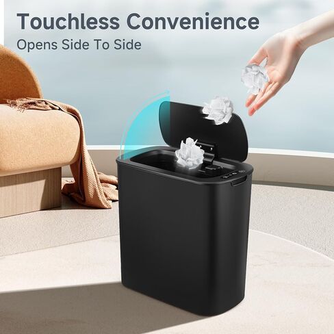 2.6 Gallon Automatic Bathroom Trash Can, Touchless Motion Sensor Garbage Can with Lid, Smart Plastic Slim Wastebasket for Bedroom, Office, Dorm, rv (Black) in Kuwait