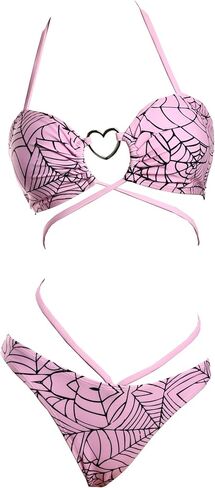 Meowcos Goth Bikini Swimsuit Gothic Pink Spider Web Print Suit Suit Dark Style Goth Swimsuit in Saudi Arabia