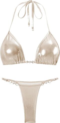 Women's Metallic Triangle Halter Bikini Sets Shiny Tie Back Pearl String Two Piece Swimsuit Bathing Suit Set in Saudi Arabia