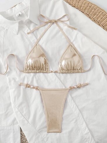 Women's Metallic Triangle Halter Bikini Sets Shiny Tie Back Pearl String Two Piece Swimsuit Bathing Suit Set in Saudi Arabia
