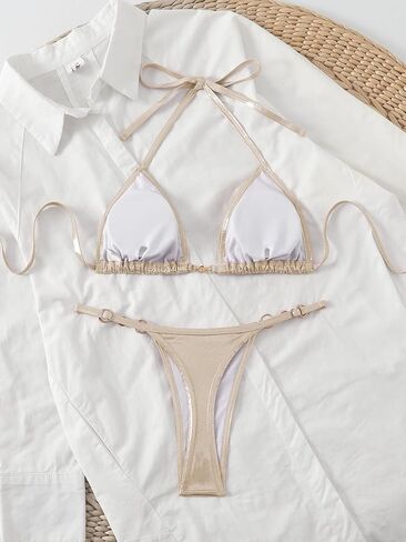 Women's Metallic Triangle Halter Bikini Sets Shiny Tie Back Pearl String Two Piece Swimsuit Bathing Suit Set in Saudi Arabia