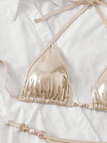 Women's Metallic Triangle Halter Bikini Sets Shiny Tie Back Pearl String Two Piece Swimsuit Bathing Suit Set in Saudi Arabia