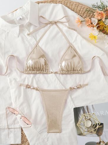 Women's Metallic Triangle Halter Bikini Sets Shiny Tie Back Pearl String Two Piece Swimsuit Bathing Suit Set in Saudi Arabia