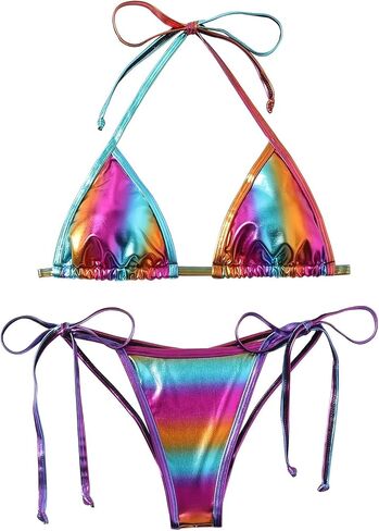 Women's Metallic Triangle Halter Bikini Sets Shiny Tie Back Pearl String Two Piece Swimsuit Bathing Suit Set in Saudi Arabia