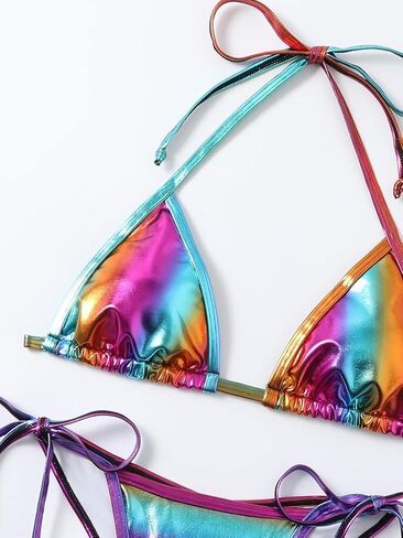Women's Metallic Triangle Halter Bikini Sets Shiny Tie Back Pearl String Two Piece Swimsuit Bathing Suit Set in Saudi Arabia
