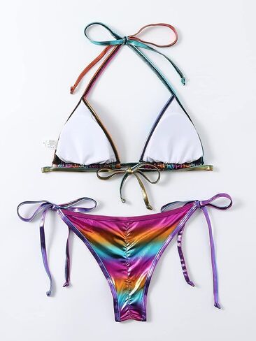Women's Metallic Triangle Halter Bikini Sets Shiny Tie Back Pearl String Two Piece Swimsuit Bathing Suit Set in Saudi Arabia