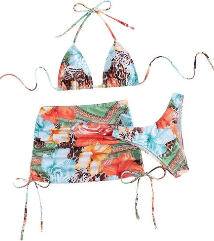 SEGT Women's Floral Swimsuits Triangle Tie Halter High Cut Cheeky Bikini Set 3Pcs Swim Set in Saudi Arabia