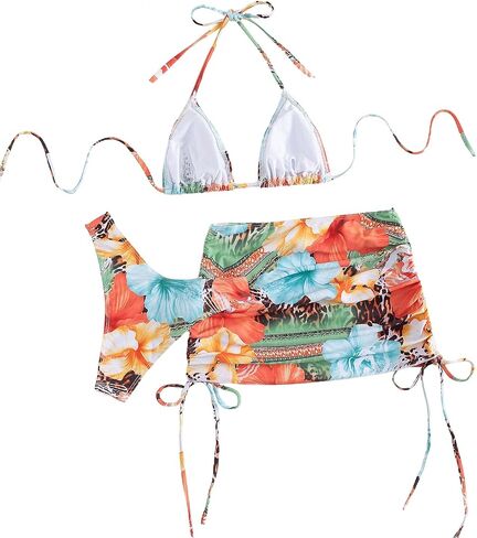 SEGT Women's Floral Swimsuits Triangle Tie Halter High Cut Cheeky Bikini Set 3Pcs Swim Set in Saudi Arabia