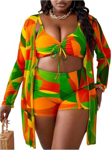 Women's Plus Size Bathing Suit 3 Piece Bikini Set Tie Front High Waisted Swimsuit with Cover Up Swim Shorts Set in Kuwait