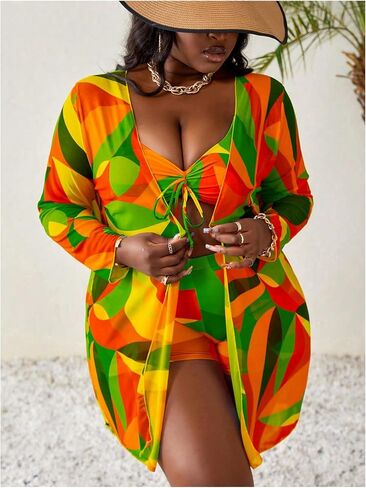 Women's Plus Size Bathing Suit 3 Piece Bikini Set Tie Front High Waisted Swimsuit with Cover Up Swim Shorts Set in Kuwait