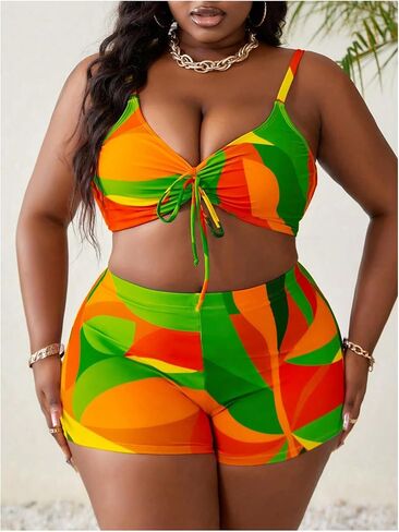 Women's Plus Size Bathing Suit 3 Piece Bikini Set Tie Front High Waisted Swimsuit with Cover Up Swim Shorts Set in Kuwait