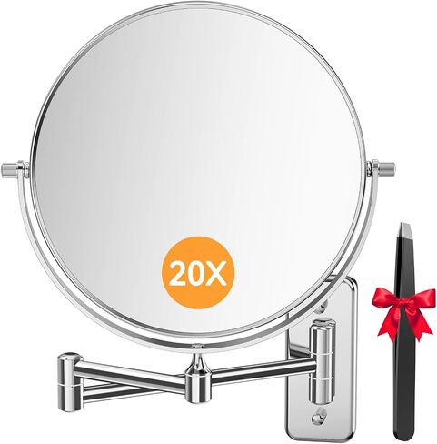 1X/20X Wall Mounted Makeup Mirror, 8'' 20X Magnifying Double-Sided Mirror with Tweezers, Bathroom Vanity Makeup Mirror, Cosmetic Mirror with 360 Rotation Extendable Swivel Arm, Chrome in Kuwait
