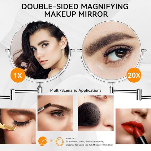 1X/20X Wall Mounted Makeup Mirror, 8'' 20X Magnifying Double-Sided Mirror with Tweezers, Bathroom Vanity Makeup Mirror, Cosmetic Mirror with 360 Rotation Extendable Swivel Arm, Chrome in Kuwait