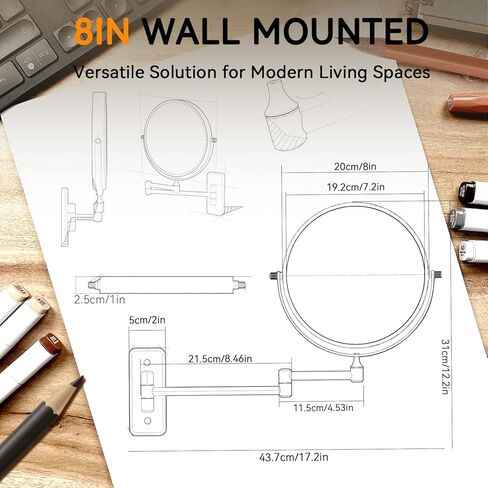 1X/20X Wall Mounted Makeup Mirror, 8'' 20X Magnifying Double-Sided Mirror with Tweezers, Bathroom Vanity Makeup Mirror, Cosmetic Mirror with 360 Rotation Extendable Swivel Arm, Chrome in Kuwait