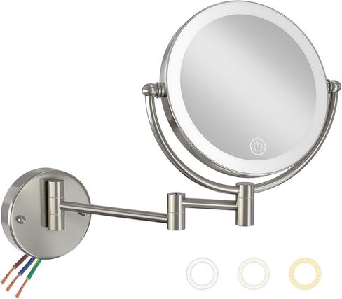 Wall Mounted Lighted Makeup Vanity Mirror with Magnification, 8 Inch Double Sides 10X Magnifying Bathroom Mirror 3 Color Lighting Touch Dimming, Extended Arm Shaving Mirror Hard Wired, Brushed Nickel in Saudi Arabia