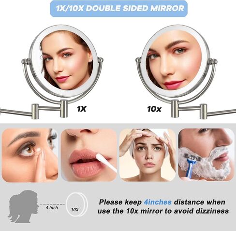 Wall Mounted Lighted Makeup Vanity Mirror with Magnification, 8 Inch Double Sides 10X Magnifying Bathroom Mirror 3 Color Lighting Touch Dimming, Extended Arm Shaving Mirror Hard Wired, Brushed Nickel in Saudi Arabia