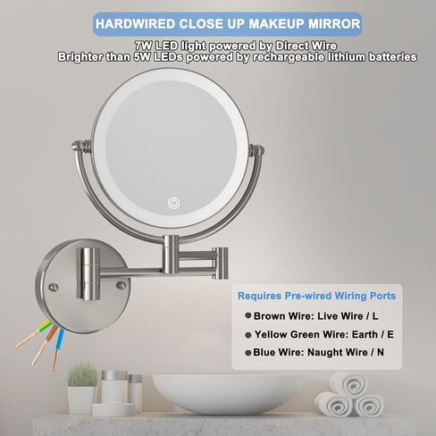 Wall Mounted Lighted Makeup Vanity Mirror with Magnification, 8 Inch Double Sides 10X Magnifying Bathroom Mirror 3 Color Lighting Touch Dimming, Extended Arm Shaving Mirror Hard Wired, Brushed Nickel in Saudi Arabia