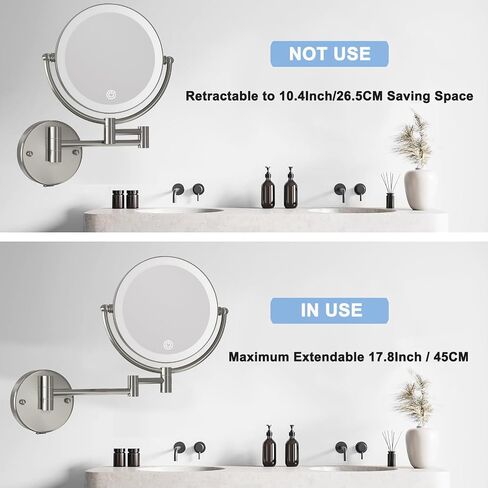 Wall Mounted Lighted Makeup Vanity Mirror with Magnification, 8 Inch Double Sides 10X Magnifying Bathroom Mirror 3 Color Lighting Touch Dimming, Extended Arm Shaving Mirror Hard Wired, Brushed Nickel in Saudi Arabia