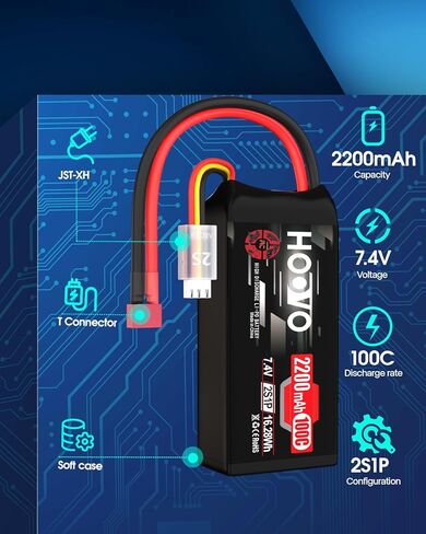 HOOVO 2S Shorty Lipo Battery 2200mAh 100C 7.4V RC Lipo Battery with XT60 Connector for FPV Racing Drone RC Airplane Helicopter Quadcopter Car-2 Pack in Kuwait