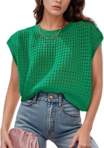 Womens Summer Sweater Vest Crochet Knit Cap Sleeve Shirts Crewneck Hollow Out Pullover Beach Tank Tops in Kuwait