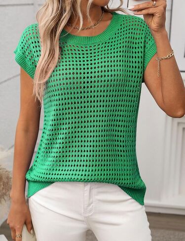 Womens Summer Sweater Vest Crochet Knit Cap Sleeve Shirts Crewneck Hollow Out Pullover Beach Tank Tops in Kuwait