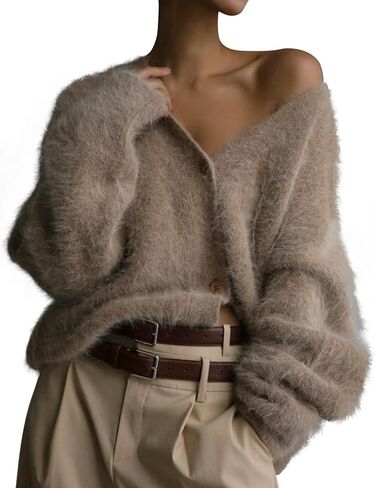 COZYPOIN Womens Fuzzy Mohair Cardigan Open Front Button Down V Neck Long Sleeve Sweater Slouchy Drop Shoulder Knit Coat in Saudi Arabia