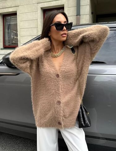COZYPOIN Womens Fuzzy Mohair Cardigan Open Front Button Down V Neck Long Sleeve Sweater Slouchy Drop Shoulder Knit Coat in Saudi Arabia