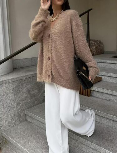 COZYPOIN Womens Fuzzy Mohair Cardigan Open Front Button Down V Neck Long Sleeve Sweater Slouchy Drop Shoulder Knit Coat in Saudi Arabia