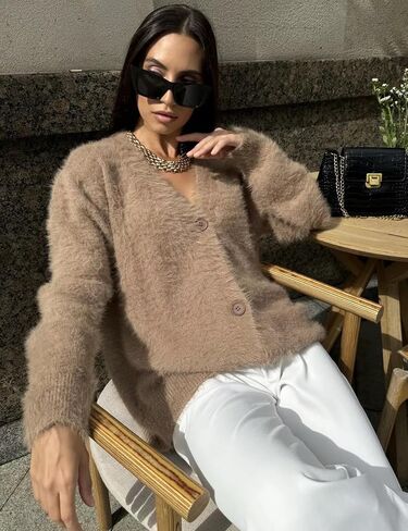 COZYPOIN Womens Fuzzy Mohair Cardigan Open Front Button Down V Neck Long Sleeve Sweater Slouchy Drop Shoulder Knit Coat in Saudi Arabia