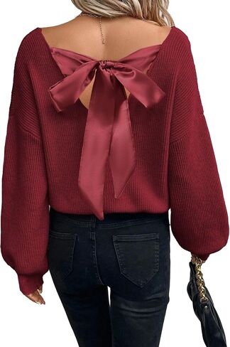 V Neck Sweaters Woman,Off The Shoulder Sweater Top,Fitted Long Sleeve Shirt Women,Tie Back Sweater,Knit Sweater in Saudi Arabia