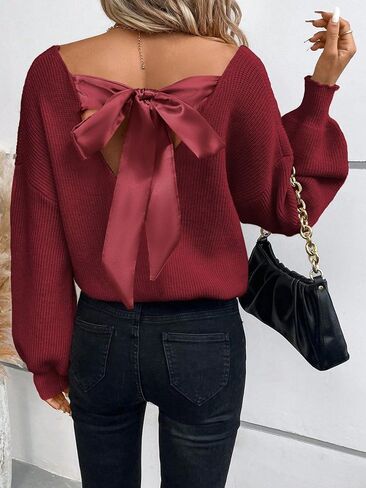 V Neck Sweaters Woman,Off The Shoulder Sweater Top,Fitted Long Sleeve Shirt Women,Tie Back Sweater,Knit Sweater in Saudi Arabia