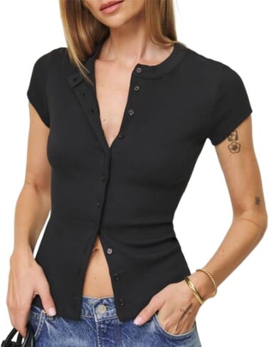 Womens Short Sleeve Button Up Slim Tshirt Crewneck Button Down Ribbed Knit Cardigan Tee Going Out Basic Dressy Tops in Saudi Arabia