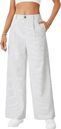 Vrtige Women's Striped Pants High Waisted Wide Leg Drawstring Casual Loose Trousers in Saudi Arabia