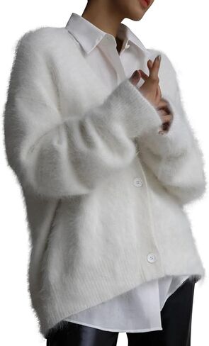 COZYPOIN Womens Fuzzy Mohair Cardigan Open Front Button Down V Neck Long Sleeve Sweater Slouchy Drop Shoulder Knit Coat in Saudi Arabia
