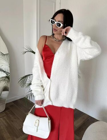 COZYPOIN Womens Fuzzy Mohair Cardigan Open Front Button Down V Neck Long Sleeve Sweater Slouchy Drop Shoulder Knit Coat in Saudi Arabia