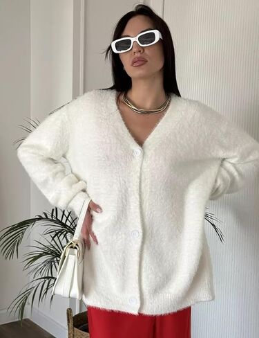 COZYPOIN Womens Fuzzy Mohair Cardigan Open Front Button Down V Neck Long Sleeve Sweater Slouchy Drop Shoulder Knit Coat in Saudi Arabia