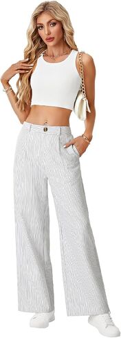 Vrtige Women's Striped Pants High Waisted Wide Leg Drawstring Casual Loose Trousers in Saudi Arabia