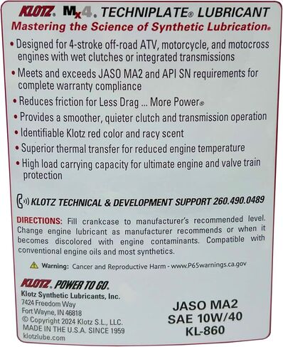 Klotz MX-4 TechniPlate, Hi-Performance Synthetic Motor Oil Lubricant for 4-Stroke Off-Road Racing Motorcycle & ATV Engines | 10W-40 – KL-860 – 1 Quart in Saudi Arabia
