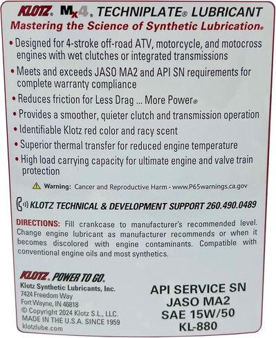 Klotz MX-4 TechniPlate, Hi-Performance Synthetic Motor Oil Lubricant for 4-Stroke Off-Road Racing Motorcycle & ATV Engines | 10W-40 – KL-860 – 1 Quart in Saudi Arabia