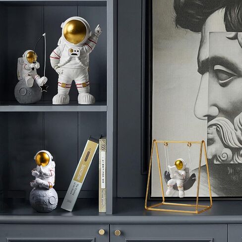Astronaut Figurine Statue, Reading on Swing Figure Sculpture for Room Shelf & Desk Decor, Outer Space Themed Bedroom Decor, Spaceman Cake Topper Decoration Ornament Model in Saudi Arabia