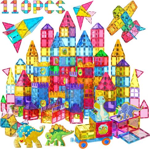 Jasonwell 110PCS Magnetic Tiles Building Blocks Set for Boys Girls Preschool Educational Magnet Construction Kit Stacking STEM Toys Christmas Birthday Gifts for Kids Toddlers 3 4 5 6 7 8 9 + Year Old in Kuwait