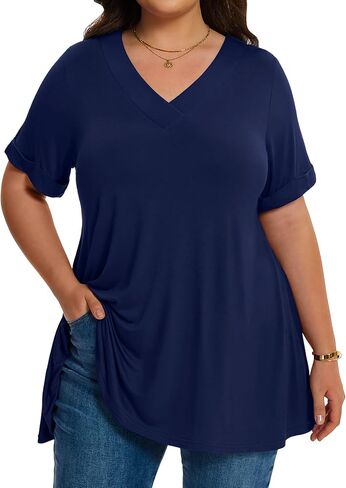 LARACE Women Plus Size Summer Tops Cuffed Short Sleeve Women's V Neck Tunics T-Shirts Blouses Clothes to Wear with Leggings in Kuwait