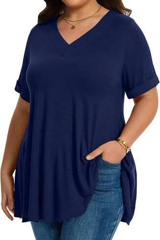 LARACE Women Plus Size Summer Tops Cuffed Short Sleeve Women's V Neck Tunics T-Shirts Blouses Clothes to Wear with Leggings in Kuwait