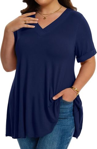LARACE Women Plus Size Summer Tops Cuffed Short Sleeve Women's V Neck Tunics T-Shirts Blouses Clothes to Wear with Leggings in Kuwait